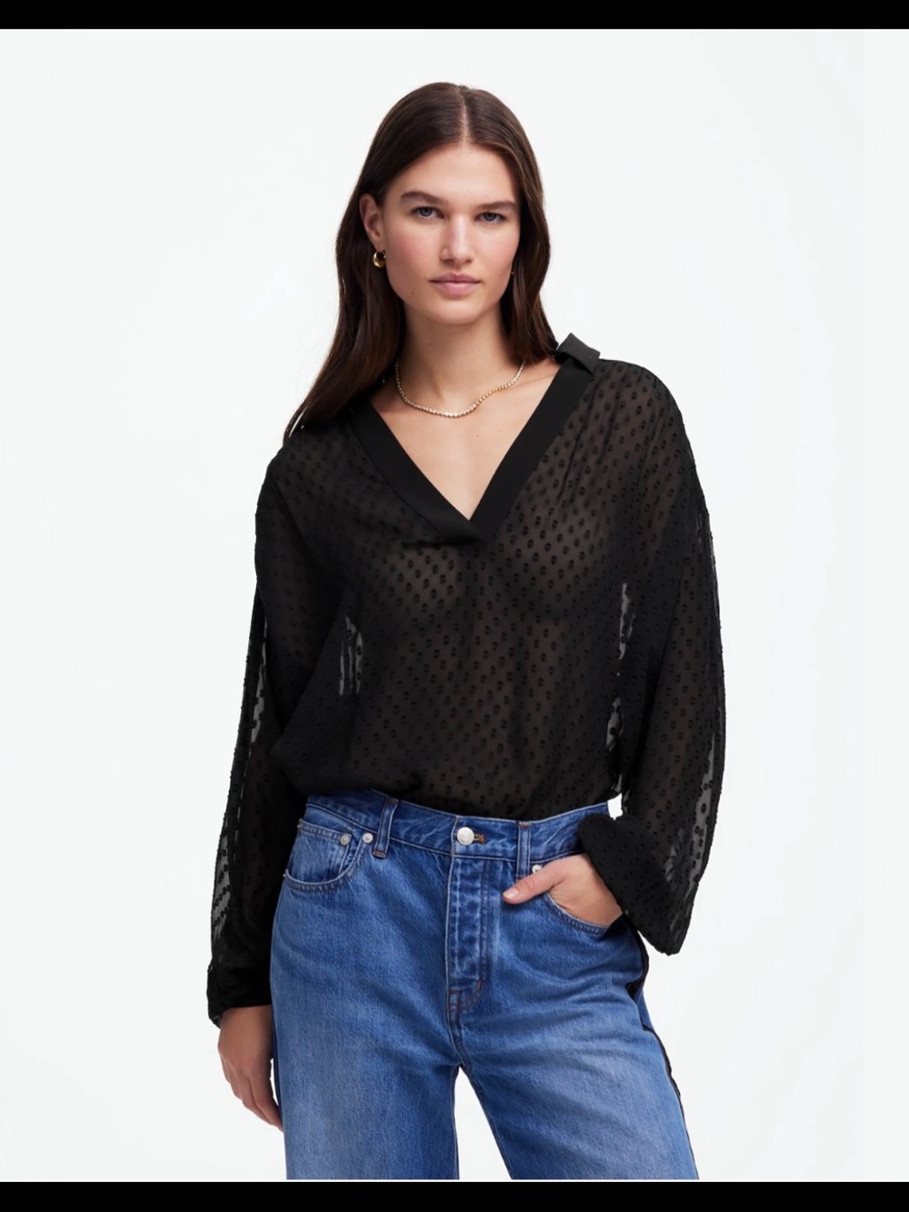 Madewell Black Sheer Dot V-Neck Blouse